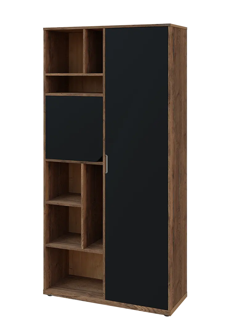 KSR6-83 P skříň šatní, 1x výsuvné ramínko, dvířka, niky, 2053x1022x400 mm, provedení pravé, dub halifax cínový/černá